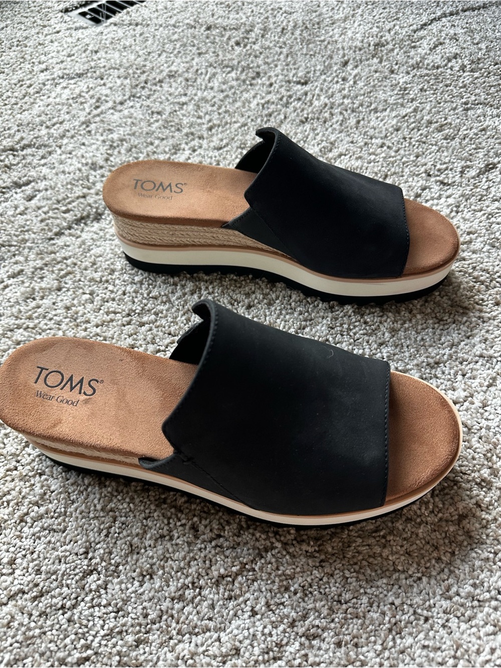 Toms LEATHER UPPER Diana Espadrille Wedge Slide in Black and Tan - Picture 7 of 8